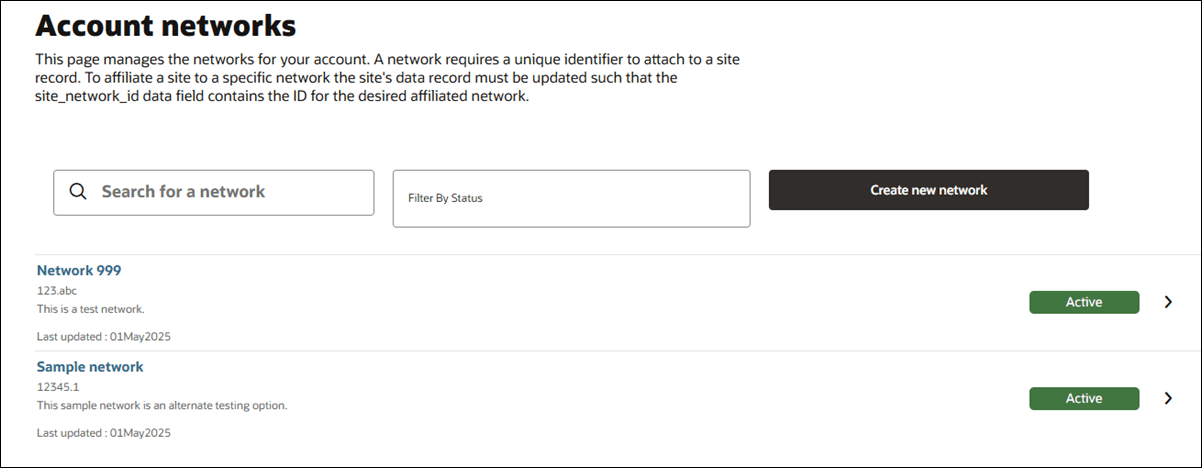 Account network profiles list Account network profiles list