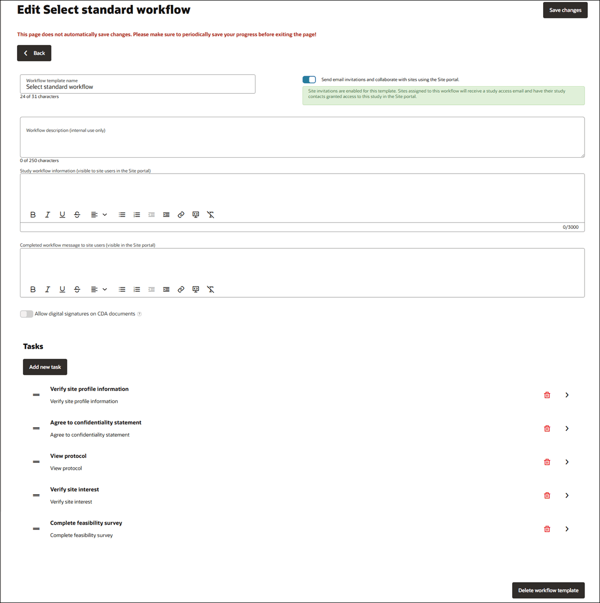 Account workflow configuration page