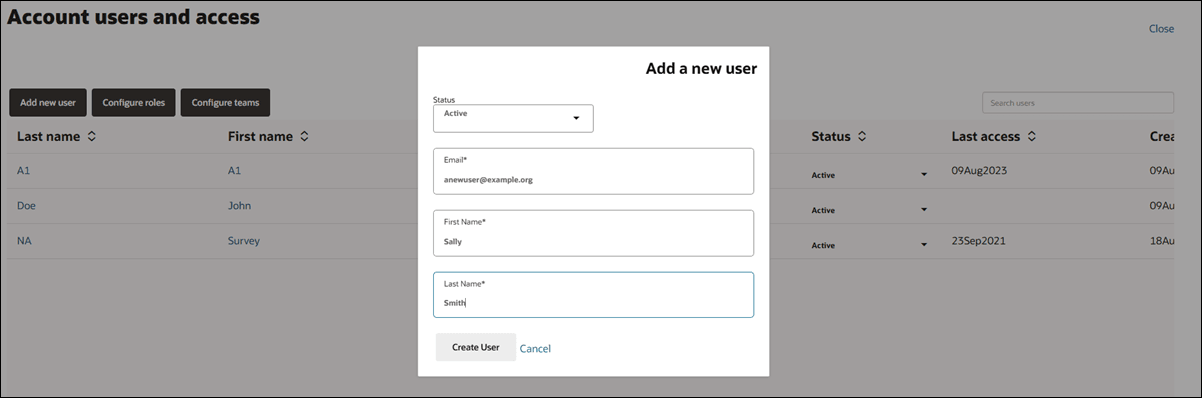 Add a new user modal showing editable fields for status, email, and first and last names Add a new user modal showing editable fields for status, email, and first and last names