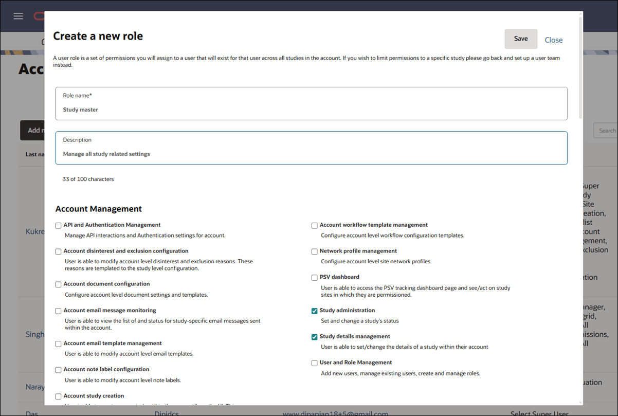 Create a new role modal showing role name and description fields and all available permissions