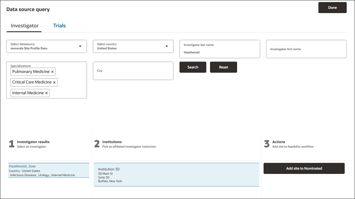 Data source query page showing the Investigator tab