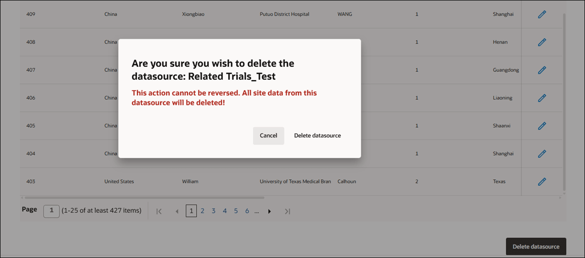 Account datasource detail page showing confirmation modal for requested deletion