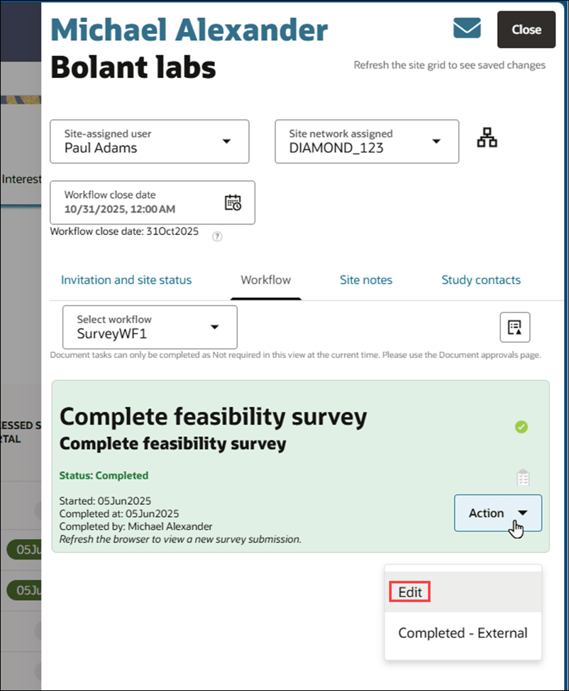 Edit link in survey task Actions drawer
