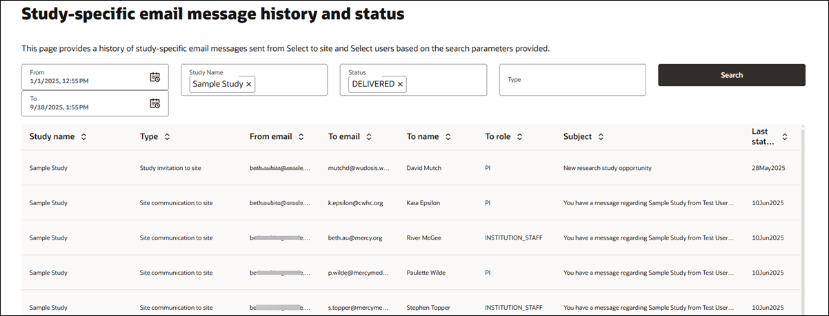 Study specific email history and status page displays a list of emails that match search criteria Study specific email history and status page displays a list of emails that match search criteria