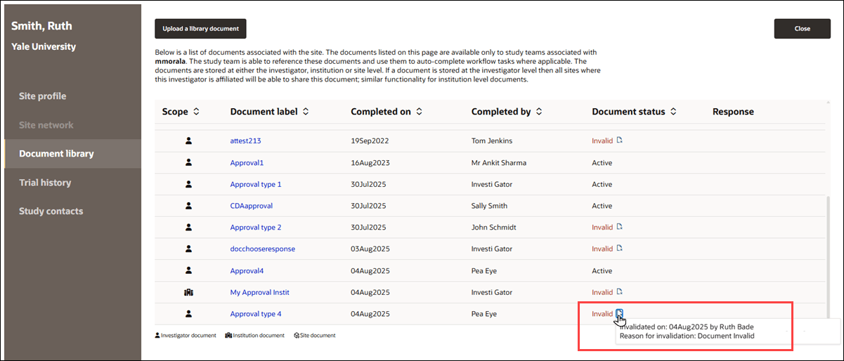 Site profile Document library tab showing a document with Invalidated status and tool tip text with the invalidation details