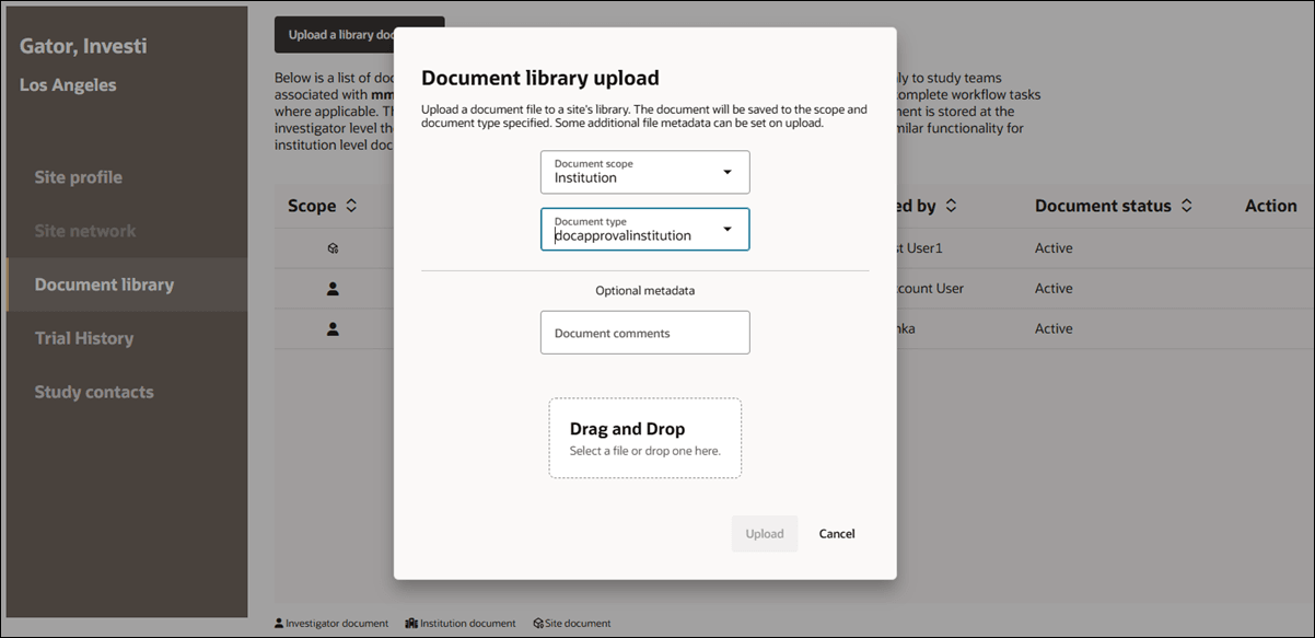 Document library upload modal with scope and type selectors, optional metadata field, and file selection control 