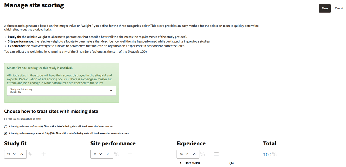 Manage site scoring parameters Manage site scoring parameters