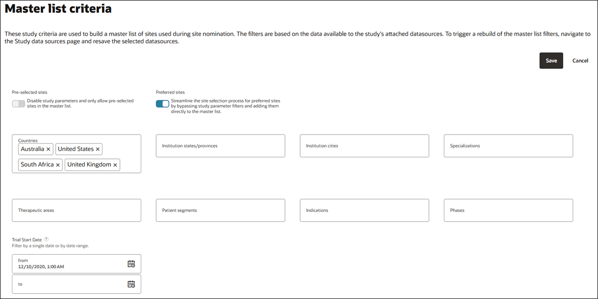 Study Master list criteria page Study Master list criteria page