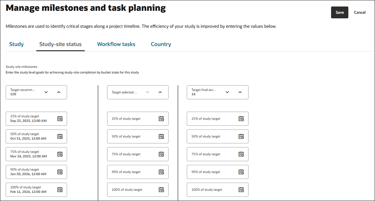 Milestones page showing the Study-site status tab with numerical and calendar date fields Milestones page showing the Study-site status tab with numerical and calendar date fields