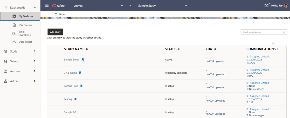 My Dashboard study list My Dashboard study list