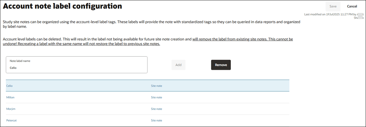 Account note label configuration page Account note label configuration page