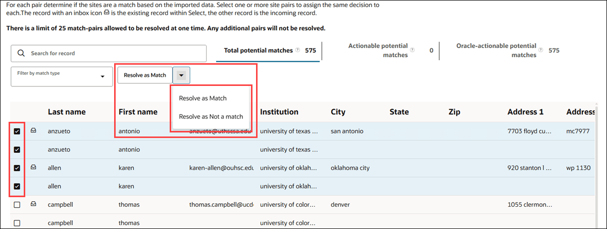 Potential match grid showing selected records and Resolve as Match action button