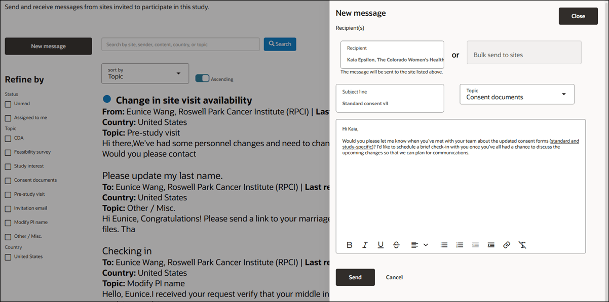 Site communications new message drawer