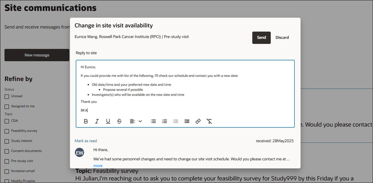 Site communications message reply modal