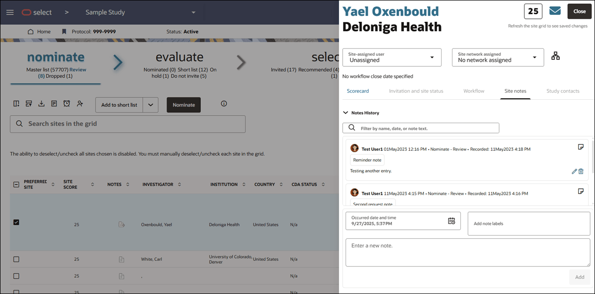 Site details drawer showing the Site notes tab