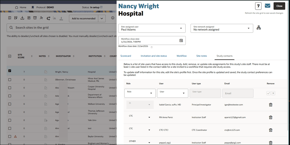 Site details drawer showing the Study contacts tab