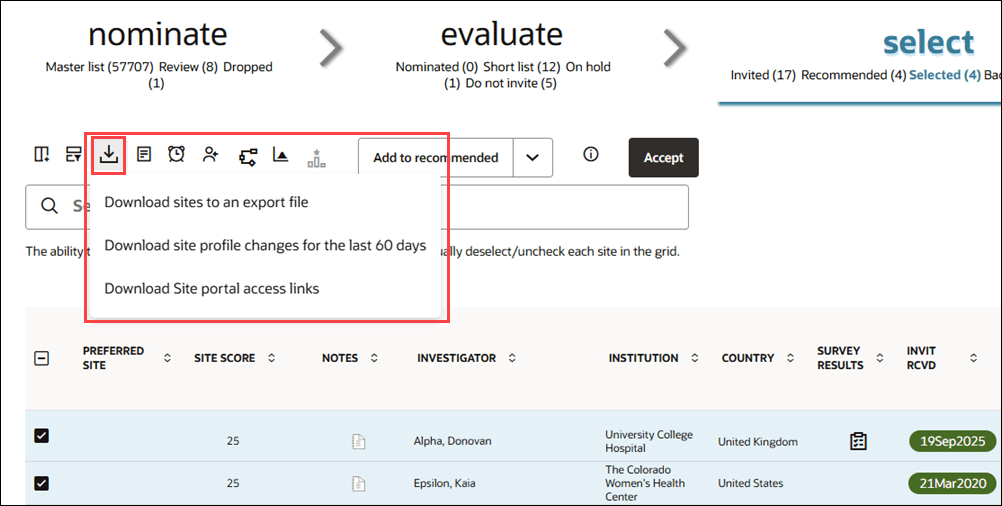 Site grid CSV download options available in Select and Finalize buckets