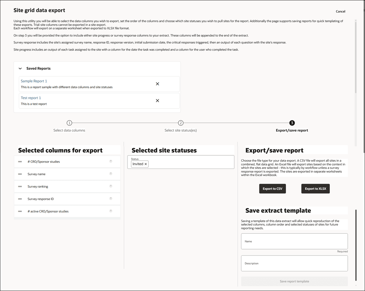 Site grid data export page showing three export design steps