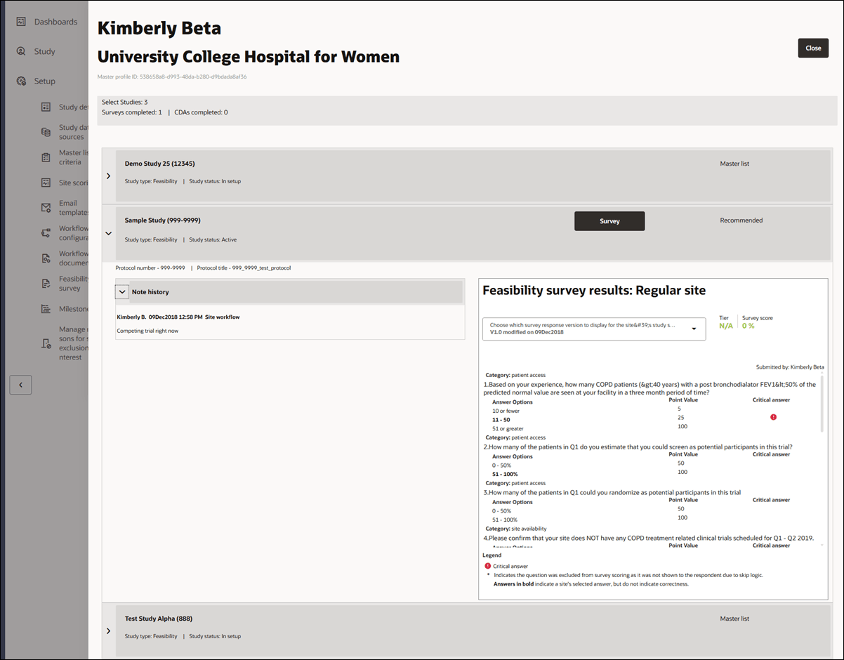 Site history drawer opens from the right side of the screen and provides study, survey, and CDA history details for that site