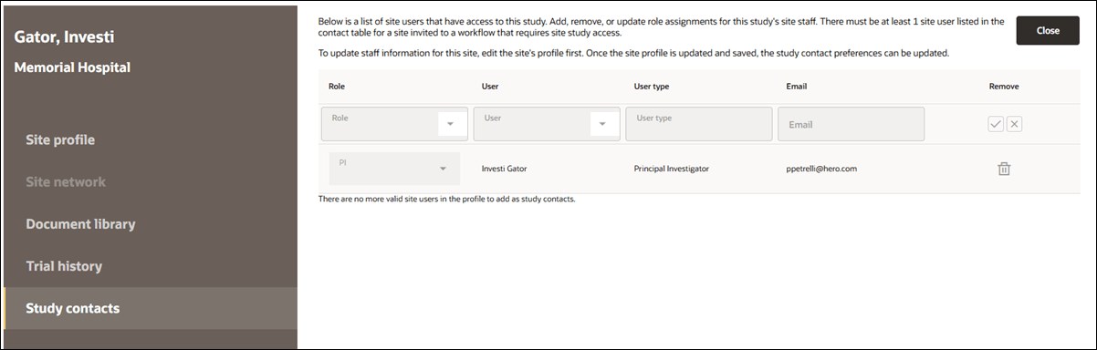 Site portal Study contacts tab