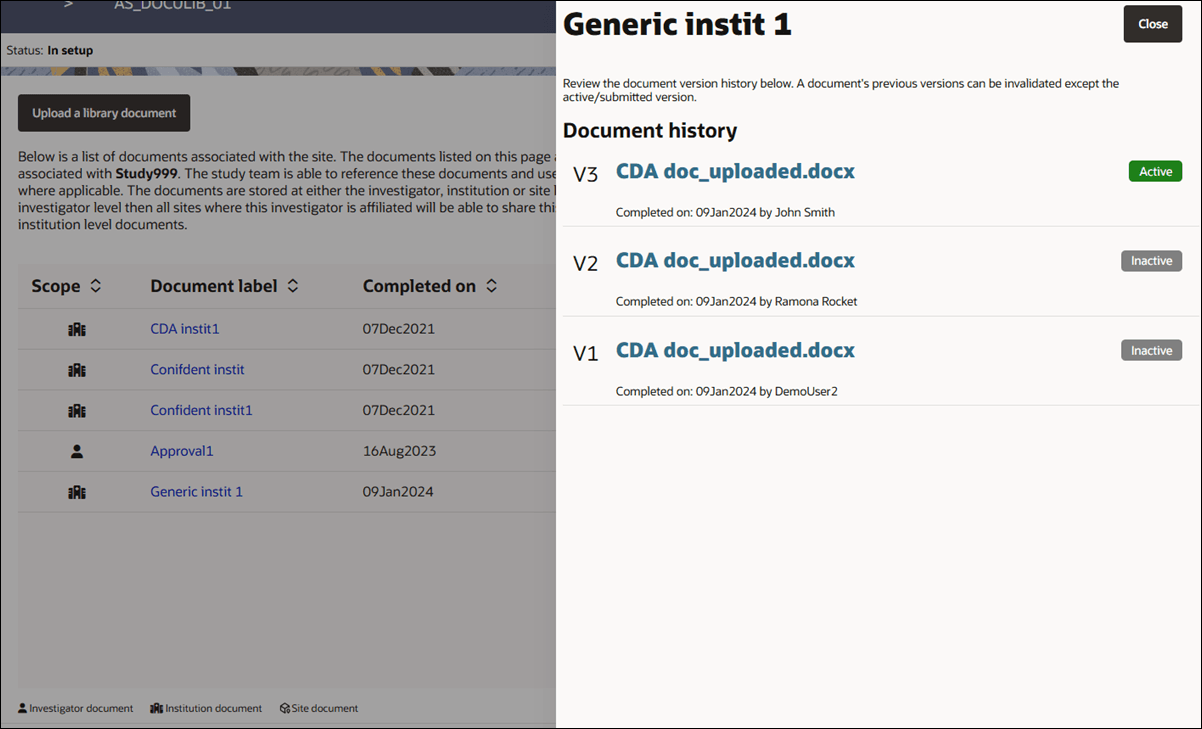 Document library with open document history drawer