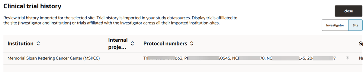 Trial site history in the site profile