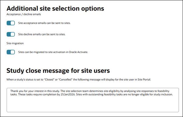 Study close message section on the Study details page Study close message section on the Study details page
