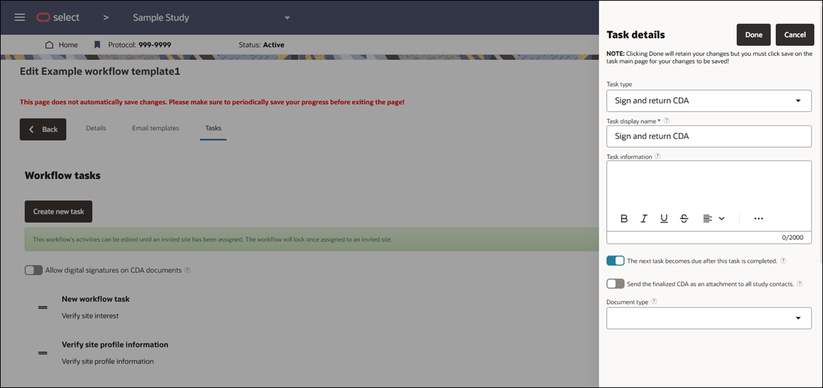 Study workflow configuration with open task details drawer Study workflow configuration with open task details drawer