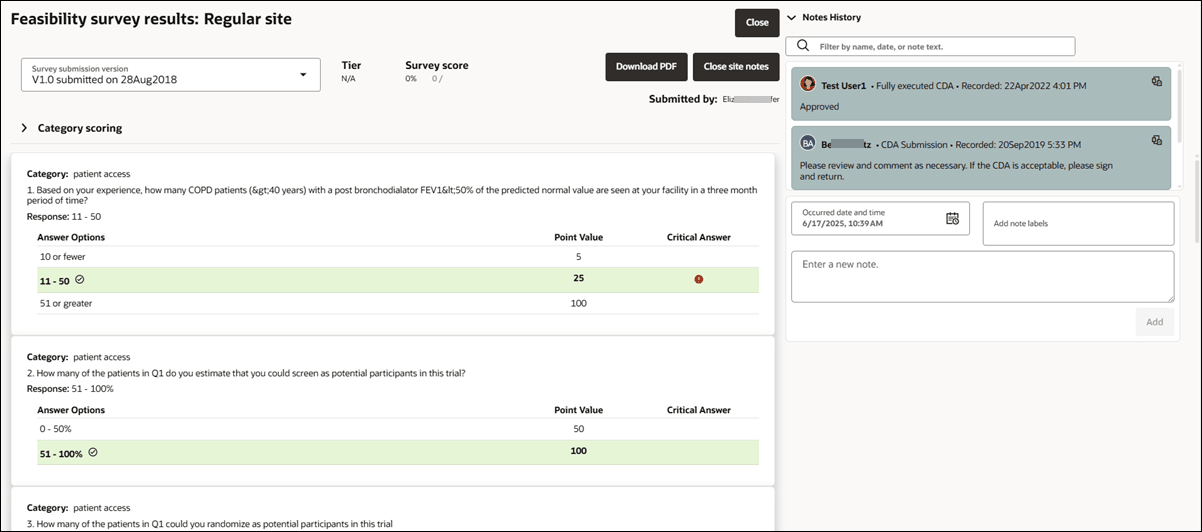 Survey results modal with open Notes history panel