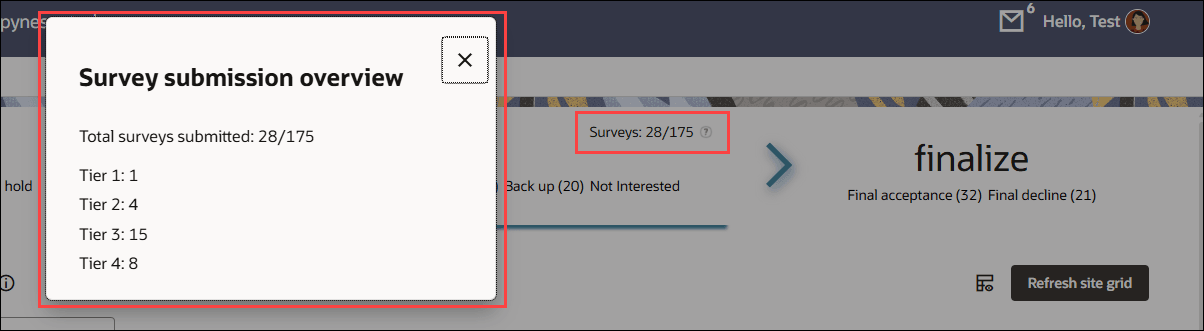Survey submission metrics modal showing total submitted and current tier metrics