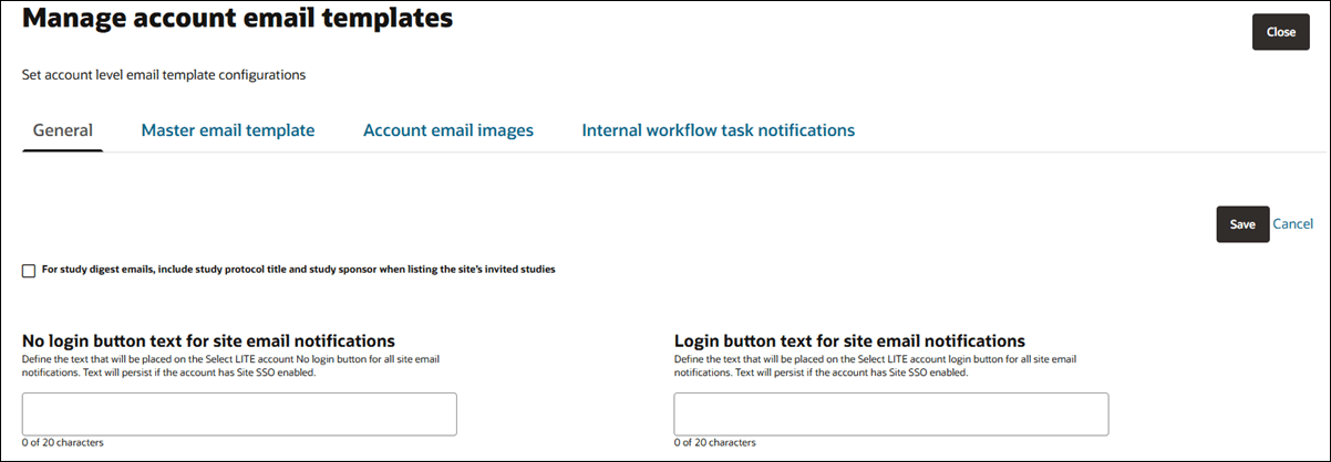 Manage account email templates page showing active General tab with Master email template, Account email images and Internal workflow task notification tabs