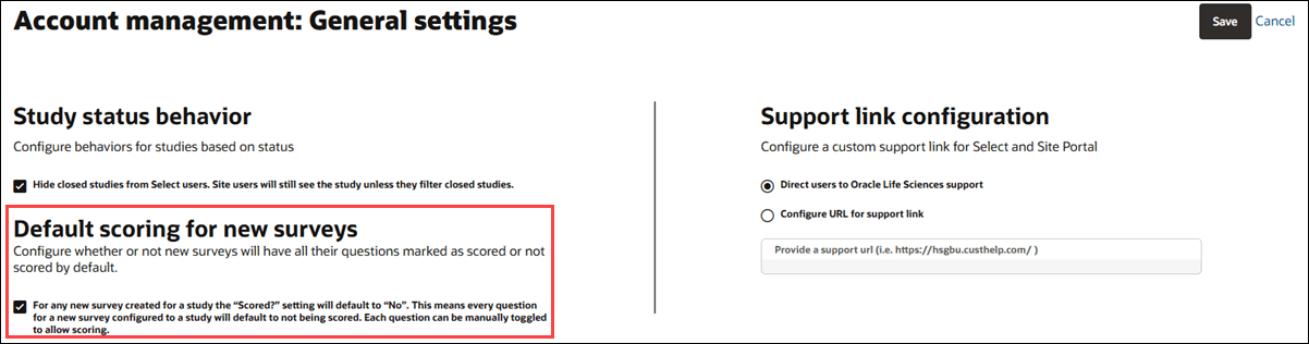 Account general settings page showing the Default scoring for new surveys check box setting