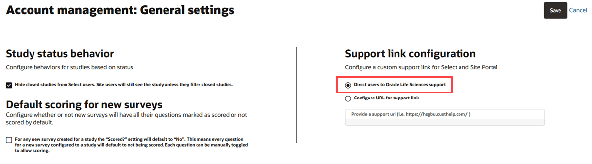 Account management general settings page with updated Support link configuration option