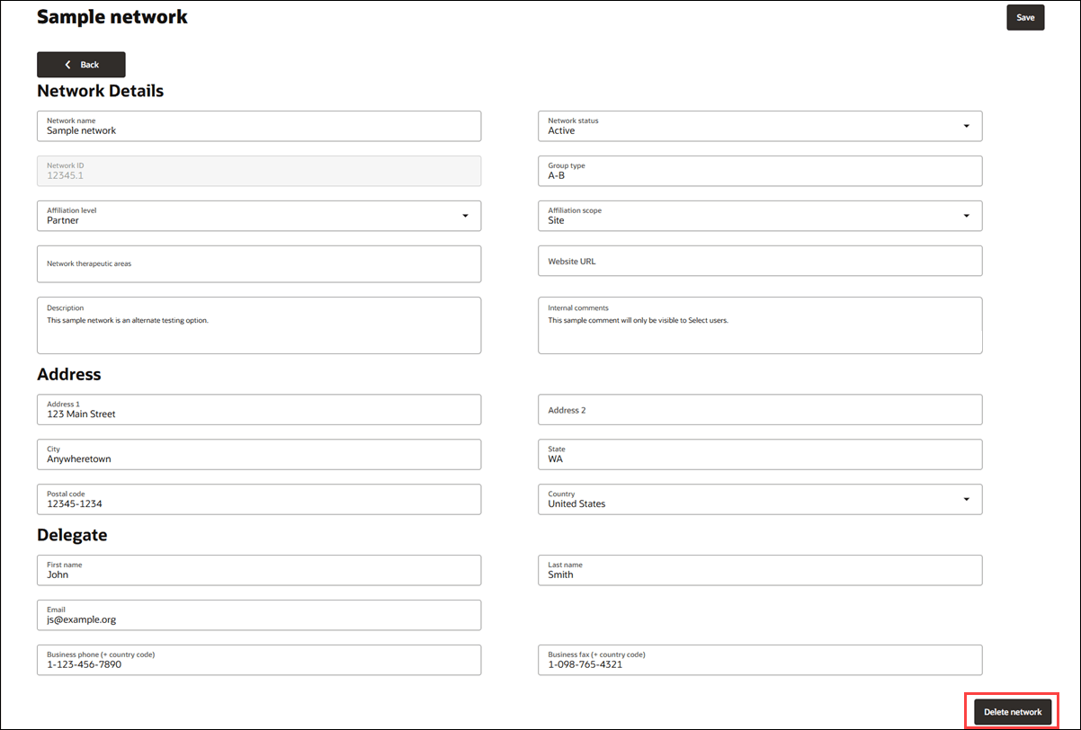 Redesigned Account details page with detail inputs and new Delete network button