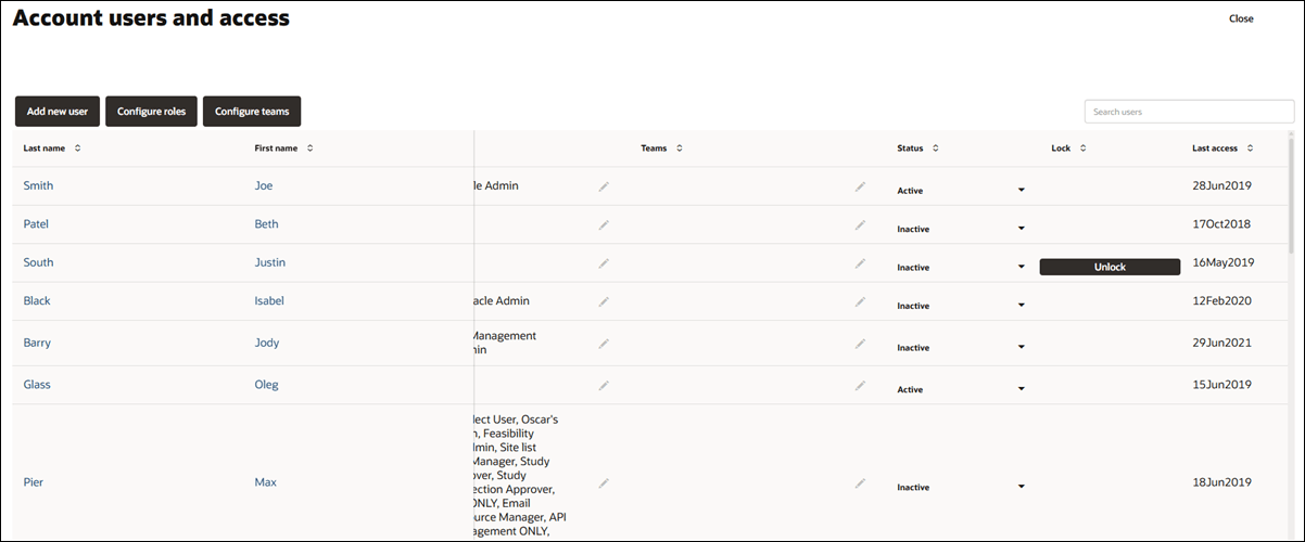 Account users and access page showing pinned user name columns and updated column order