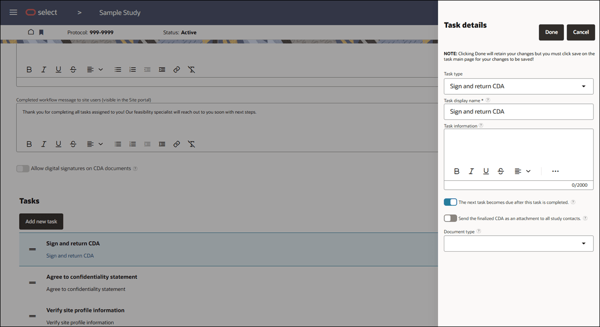 Account workflow page showing an open Task details drawer