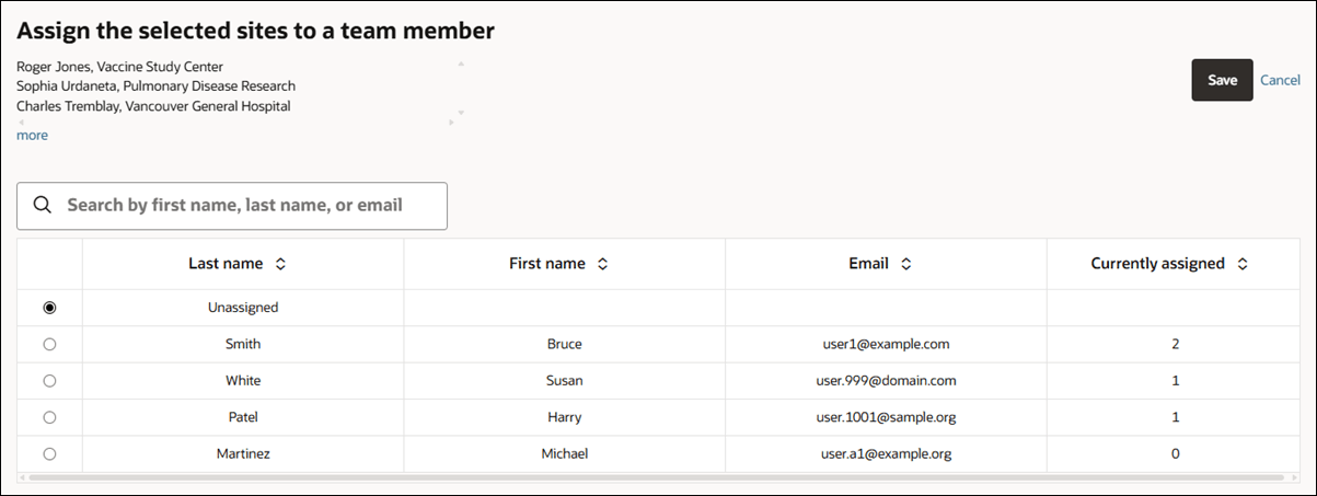 Assign user to sites modal showing selected sites list at the top