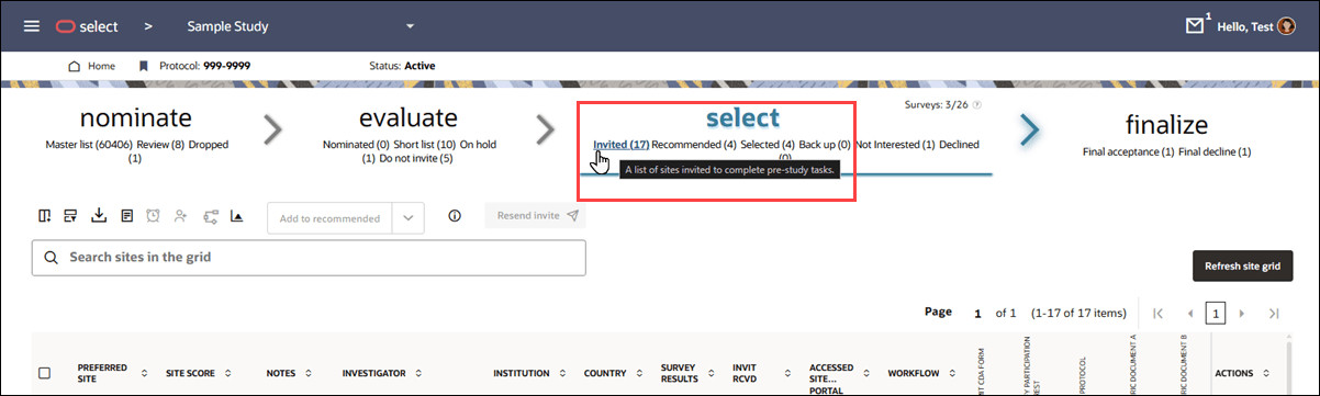 Top of site grid page showing the tool tip description for the select bucket's Invited bucket state Top of site grid page showing the tool tip description for the select bucket's Invited bucket state