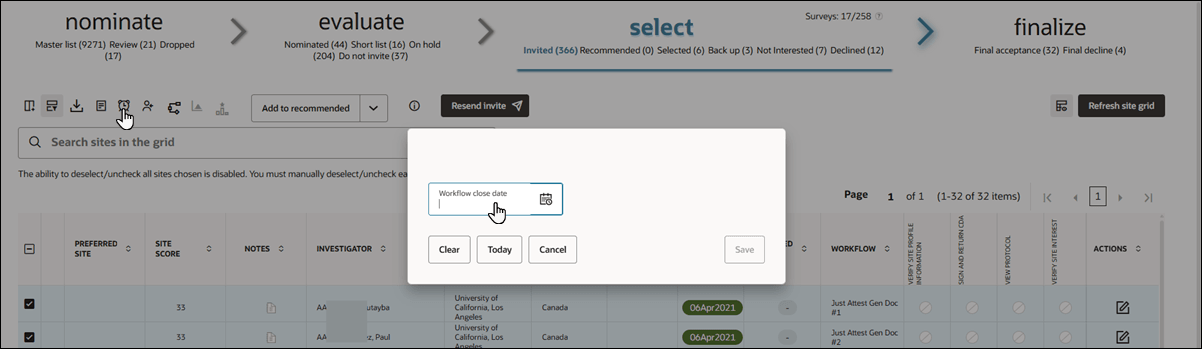 Site grid with workflow close date icon Site grid with workflow close date icon