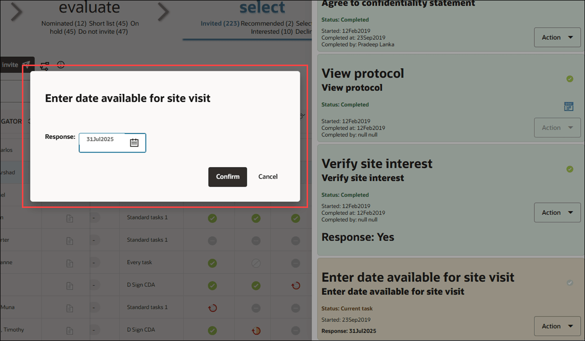 Modal with calendar date picker to enter date available for site visit