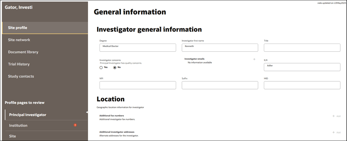 Configurable site profile showing a vertical section navigation panel to the left and displaying the Site profile section with general investigator data fields