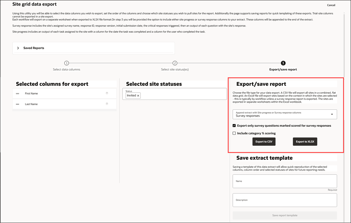 Site grid extract utility showing the Export/save report step and new options to include survey and site progress columns