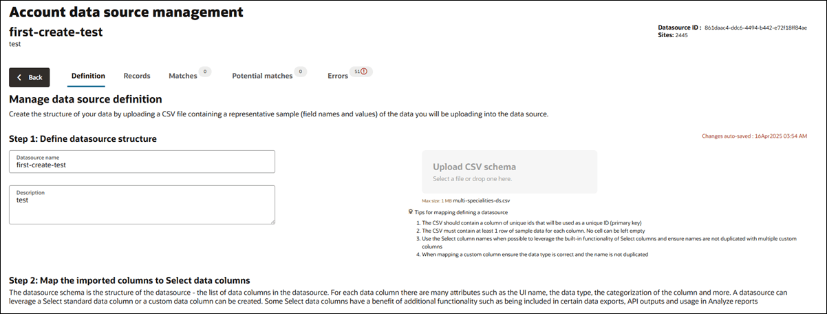 Datasource definition tab showing an auto-saved data source and editable name and description fields in Step 1: Define datasource structure section Datasource definition tab showing an auto-saved data source and editable name and description fields in Step 1: Define datasource structure section