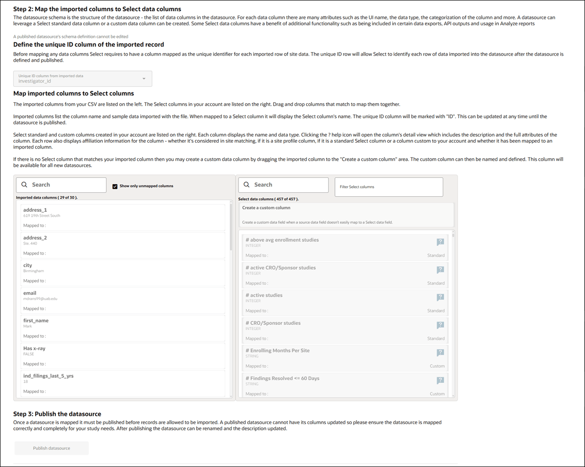 Datasource definition tab showing Step 2 column mapping and Step 3 datasource publishing