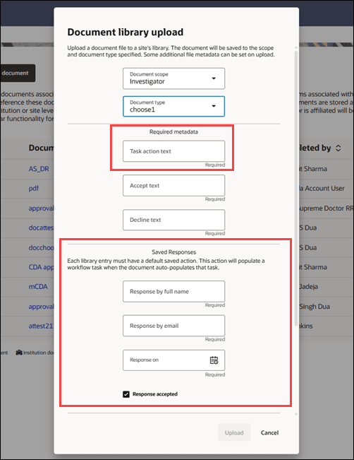 Document library upload modal showing updated field text and new Saved responses section Document library upload modal showing updated field text and new Saved responses section