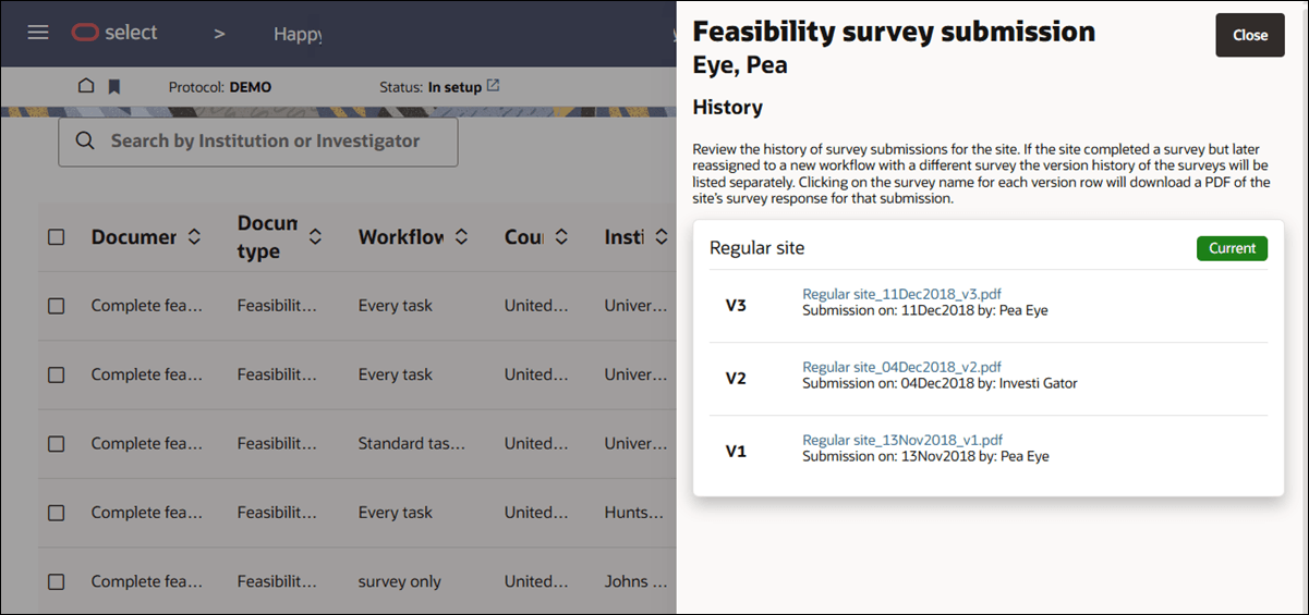 Document submissions page filtered to Feasibility survey documents and showing an open document history drawer with submission versions