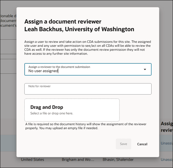 Example Assign a document reviewer modal on Document submissions page Example Assign a document reviewer modal on Document submissions page