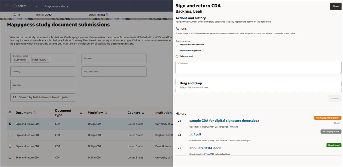 Document submissions page showing example document History and Actions drawer Document submissions page showing example document History and Actions drawer