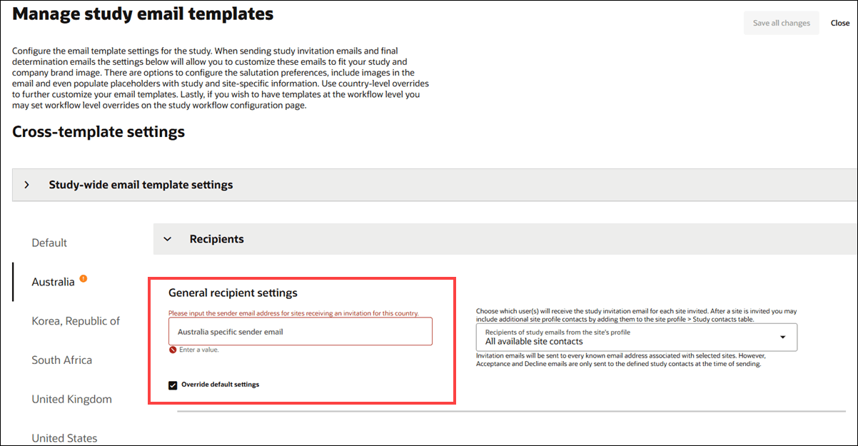 Country level override showing warning above blank sender email address field Country level override showing warning above blank sender email address field