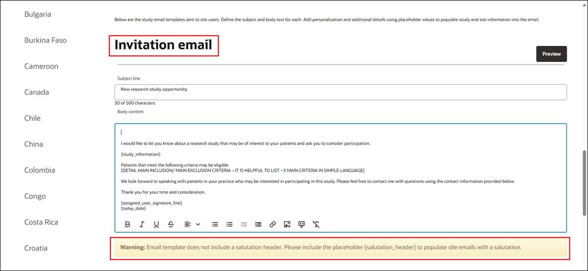 Invitation email template showing the warning message for a missing {salutation_header] placeholder